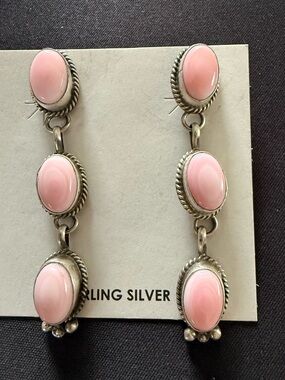 Native made triple stone pink conch dangles. Freda Martinez. 925 Sterling